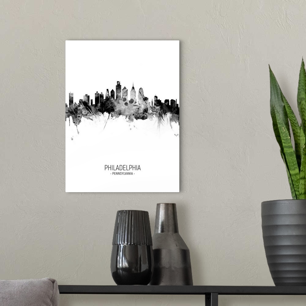 A modern room featuring Watercolor art print of the skyline of Philadelphia, Pennsylvania, United States