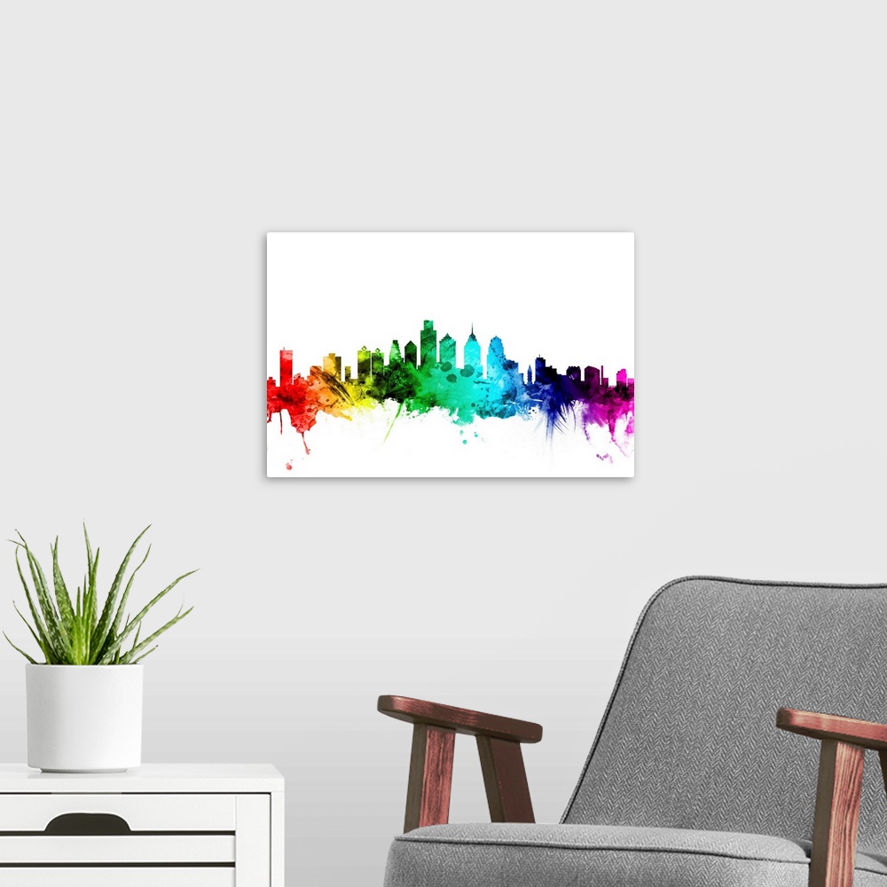 A modern room featuring Watercolor art print of the skyline of Philadelphia, Pennsylvania, United States.