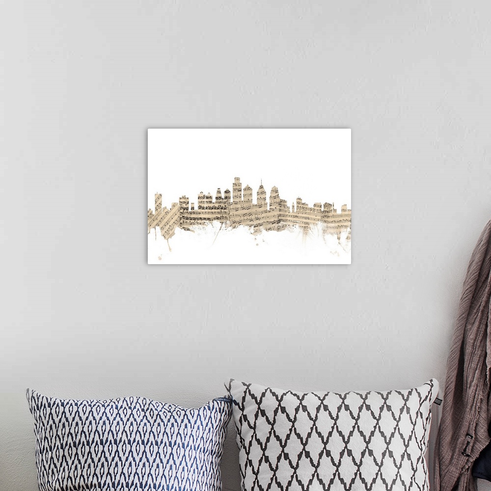 A bohemian room featuring Philadelphia skyline made of sheet music against a white background.
