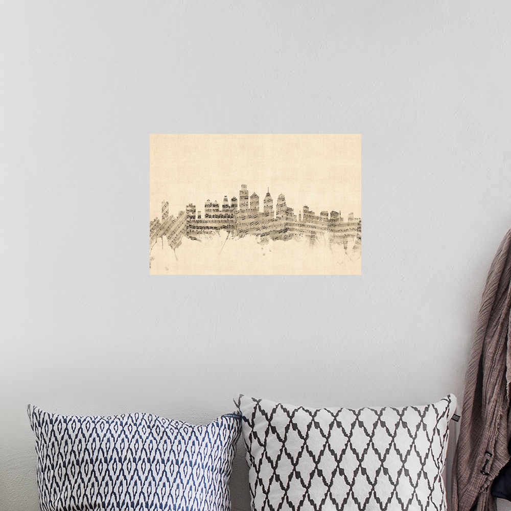 A bohemian room featuring Philadelphia skyline made of sheet music against a weathered beige background.