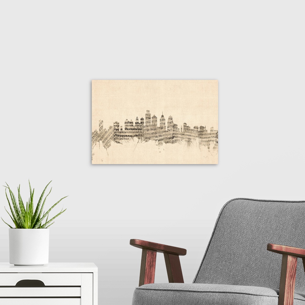 A modern room featuring Philadelphia skyline made of sheet music against a weathered beige background.