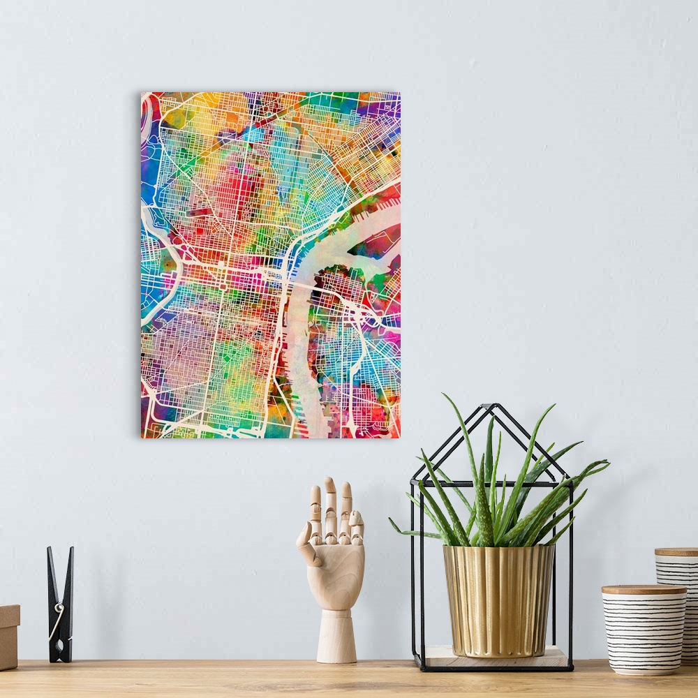 A bohemian room featuring Watercolor art map of Philadelphia city streets.