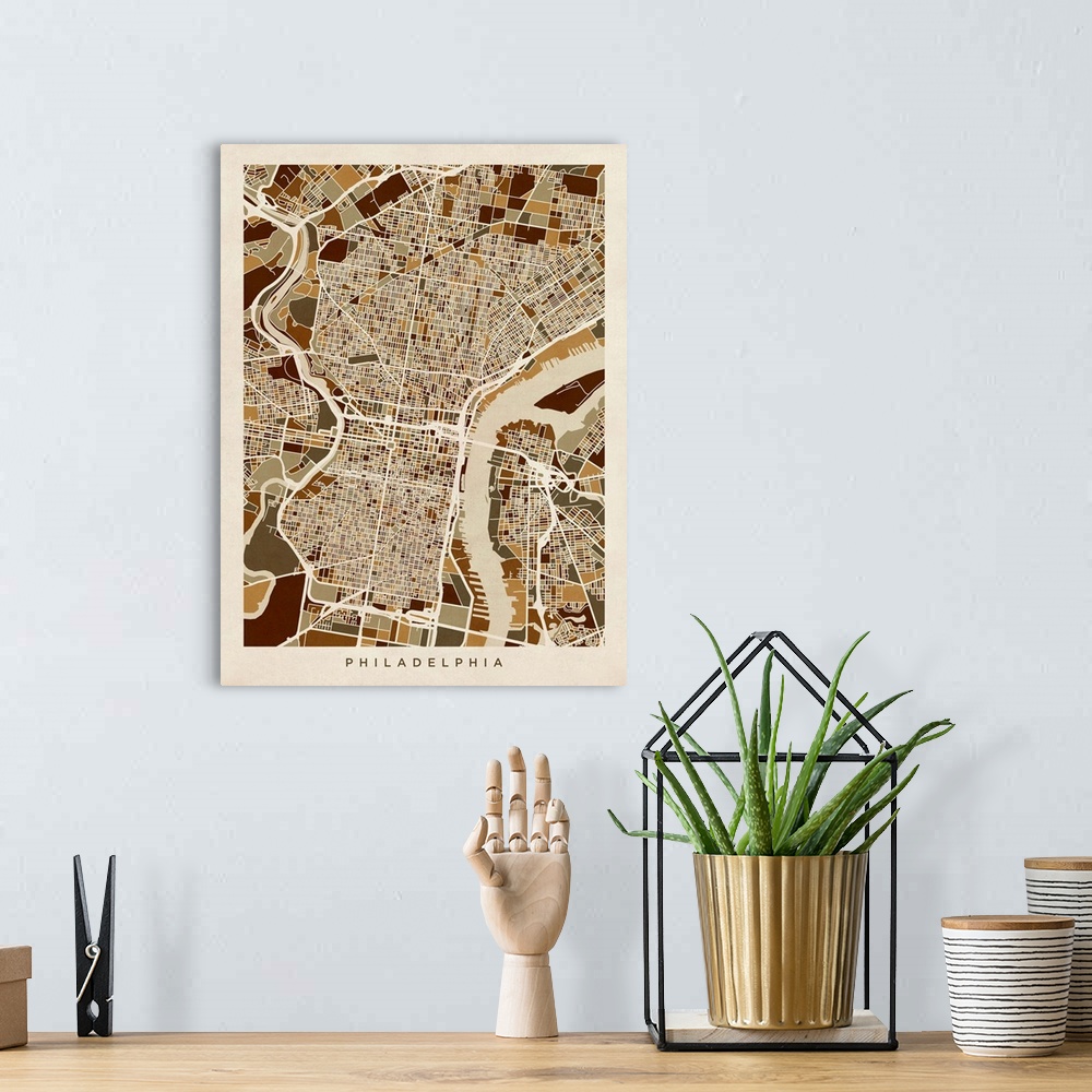 A bohemian room featuring Art map of Philadelphia city streets.