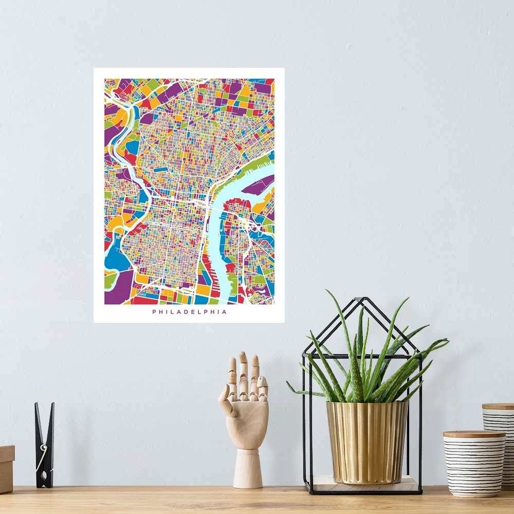 A bohemian room featuring Watercolor art map of Philadelphia city streets.