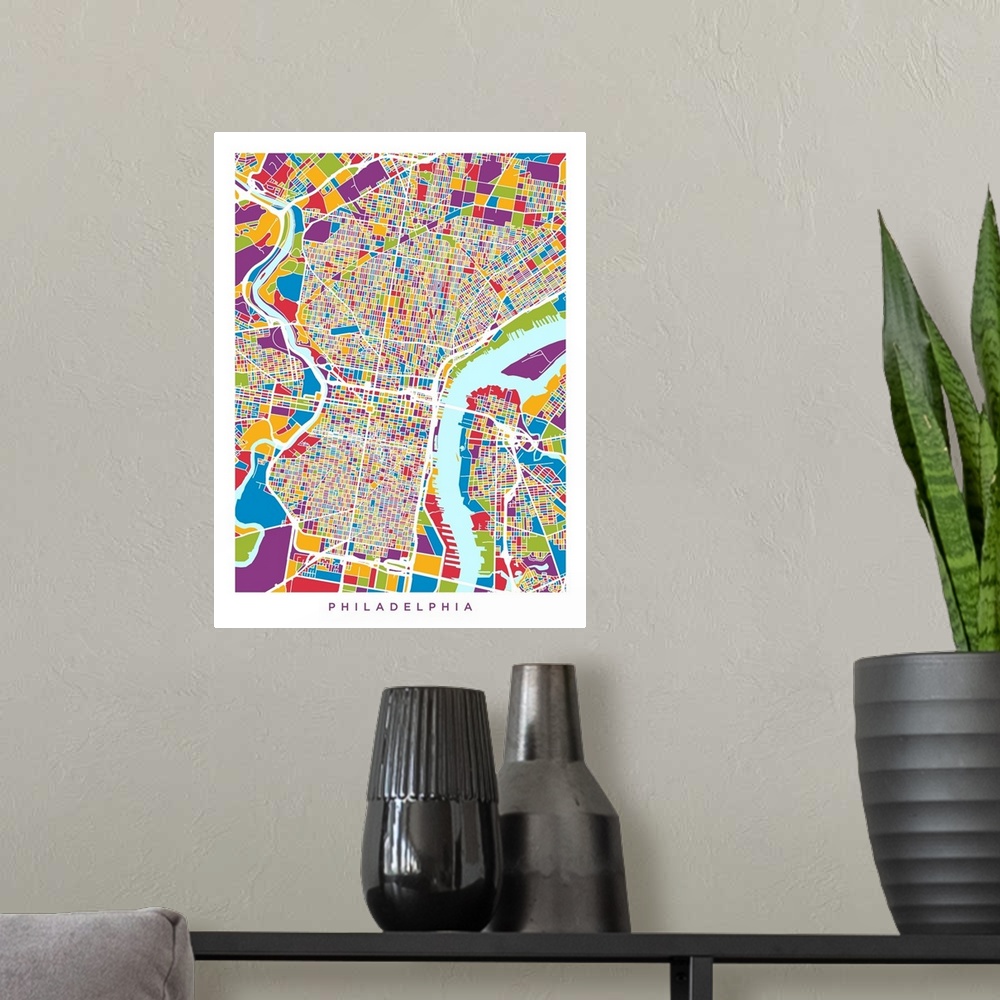 A modern room featuring Watercolor art map of Philadelphia city streets.