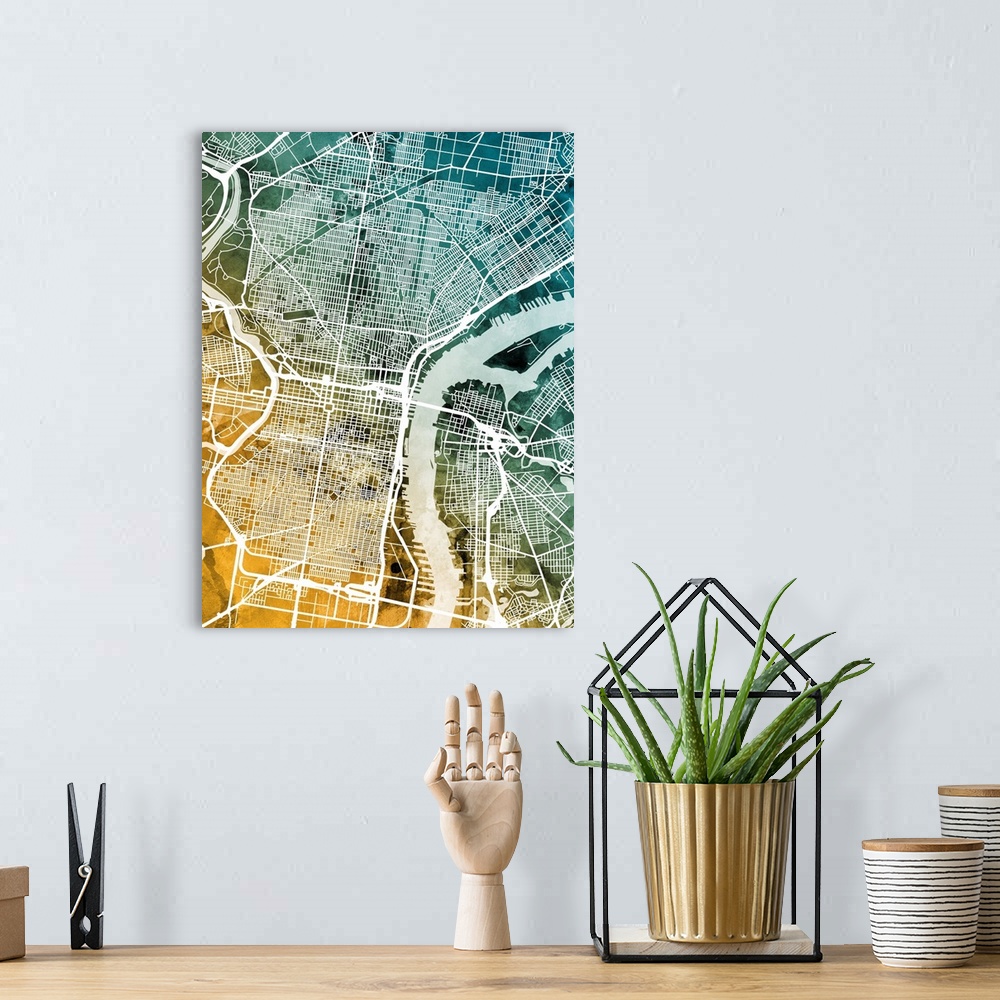 A bohemian room featuring Watercolor street map of Philadelphia, Pennsylvania, United States