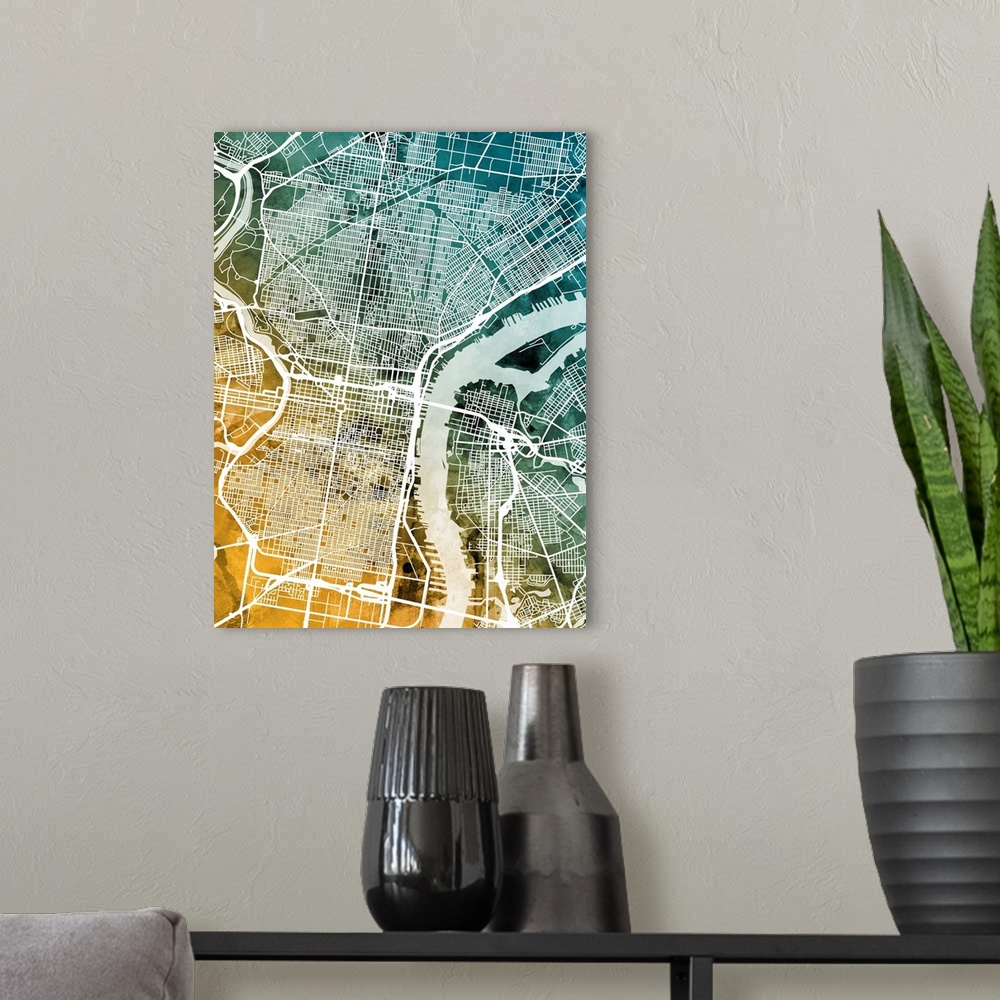 A modern room featuring Watercolor street map of Philadelphia, Pennsylvania, United States