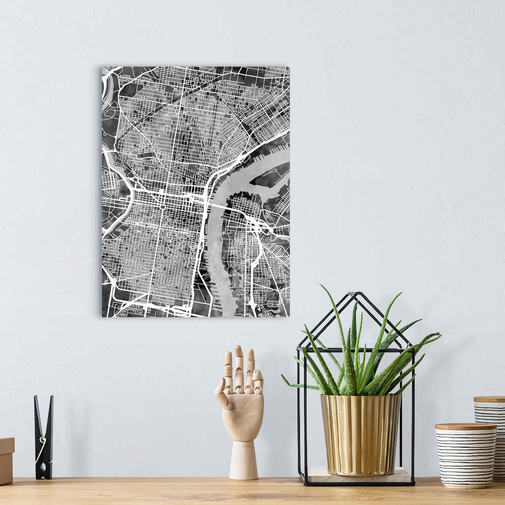 A bohemian room featuring Watercolor street map of Philadelphia, Pennsylvania, United States.