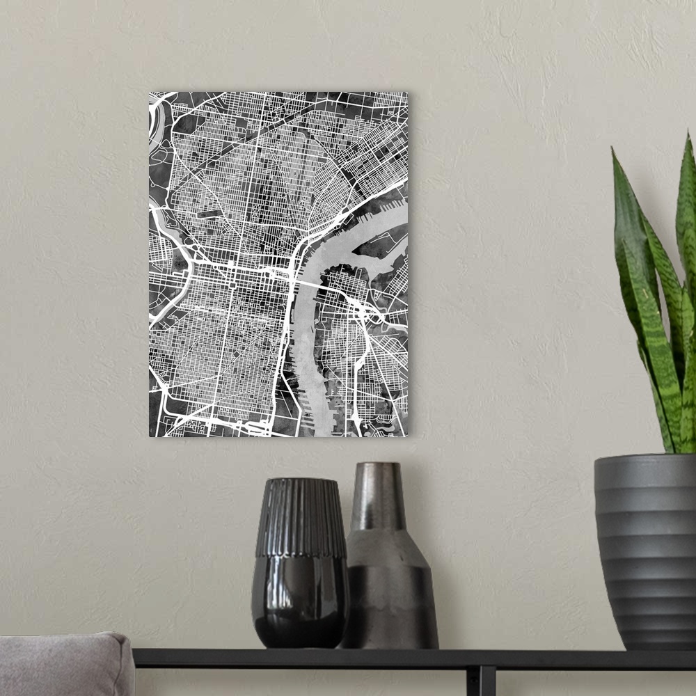 A modern room featuring Watercolor street map of Philadelphia, Pennsylvania, United States.