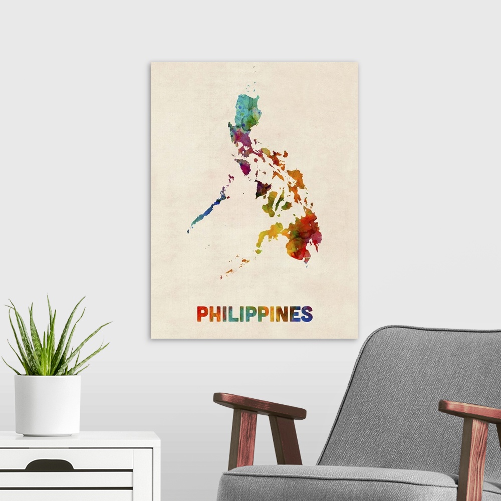 A modern room featuring Contemporary watercolor map of the Philippines.