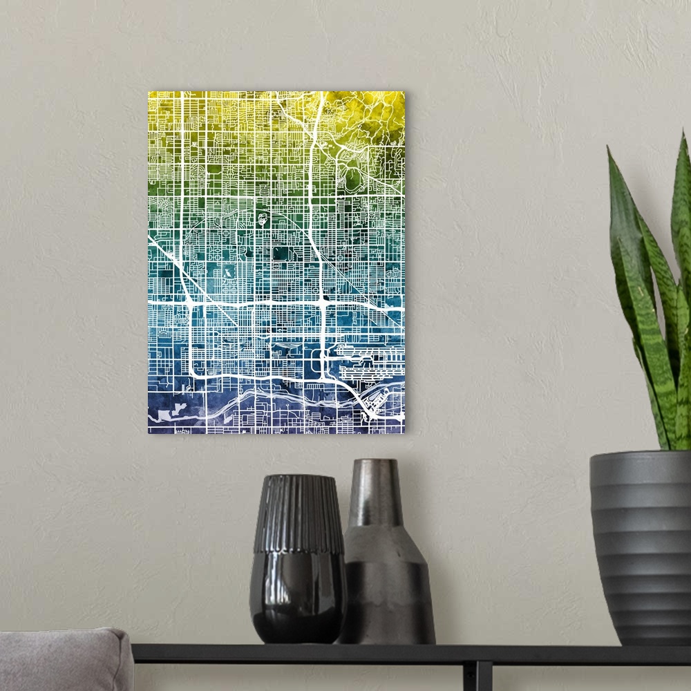 A modern room featuring Watercolor street map of Phoenix, Arizona, United States