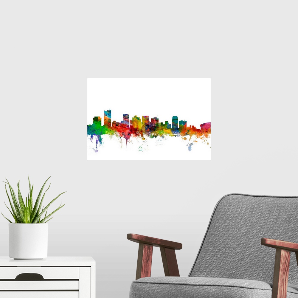 A modern room featuring Watercolor artwork of the Phoenix skyline against a white background.