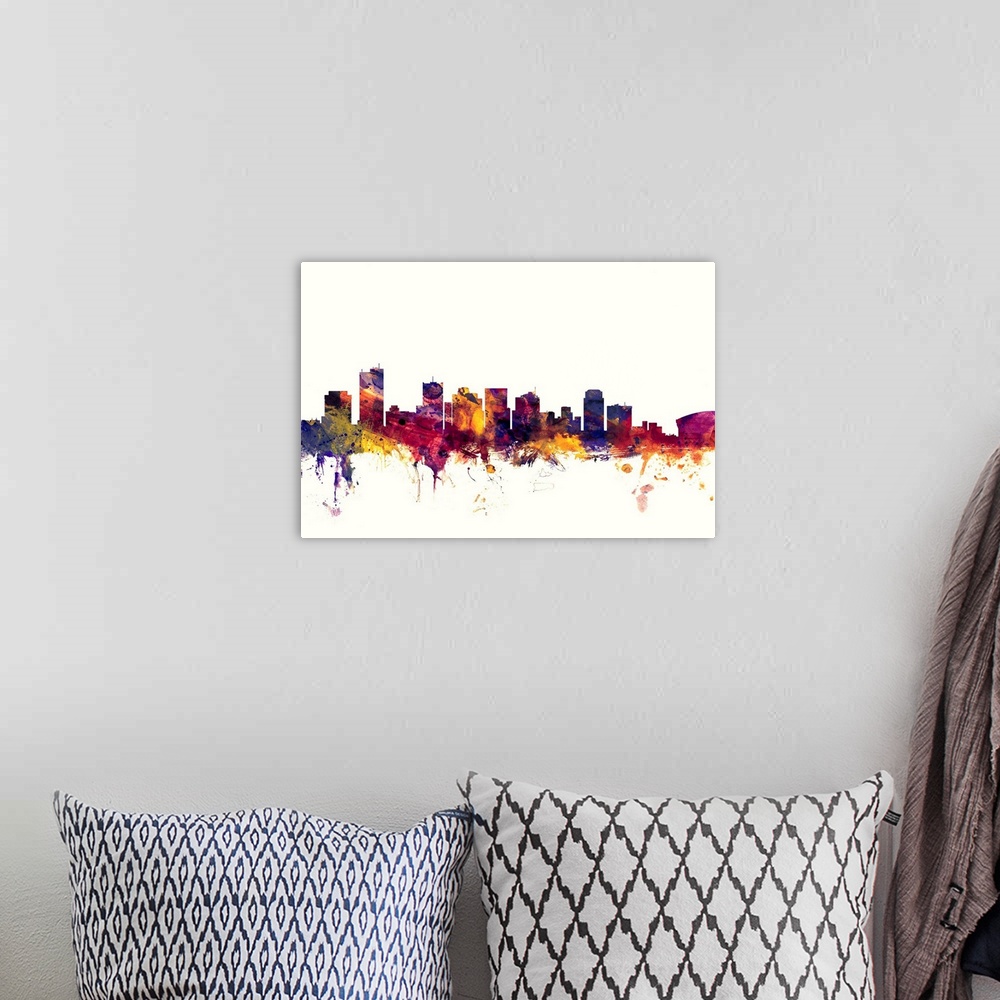 A bohemian room featuring Dark watercolor splattered silhouette of the Phoenix city skyline.