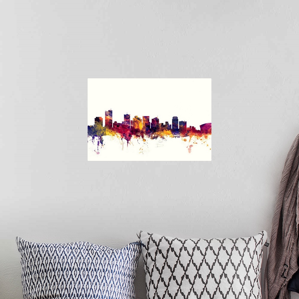 A bohemian room featuring Dark watercolor splattered silhouette of the Phoenix city skyline.