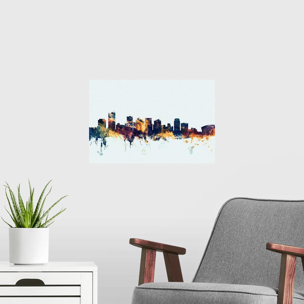 A modern room featuring Watercolor art print of the skyline of Phoenix, Arizona, United States