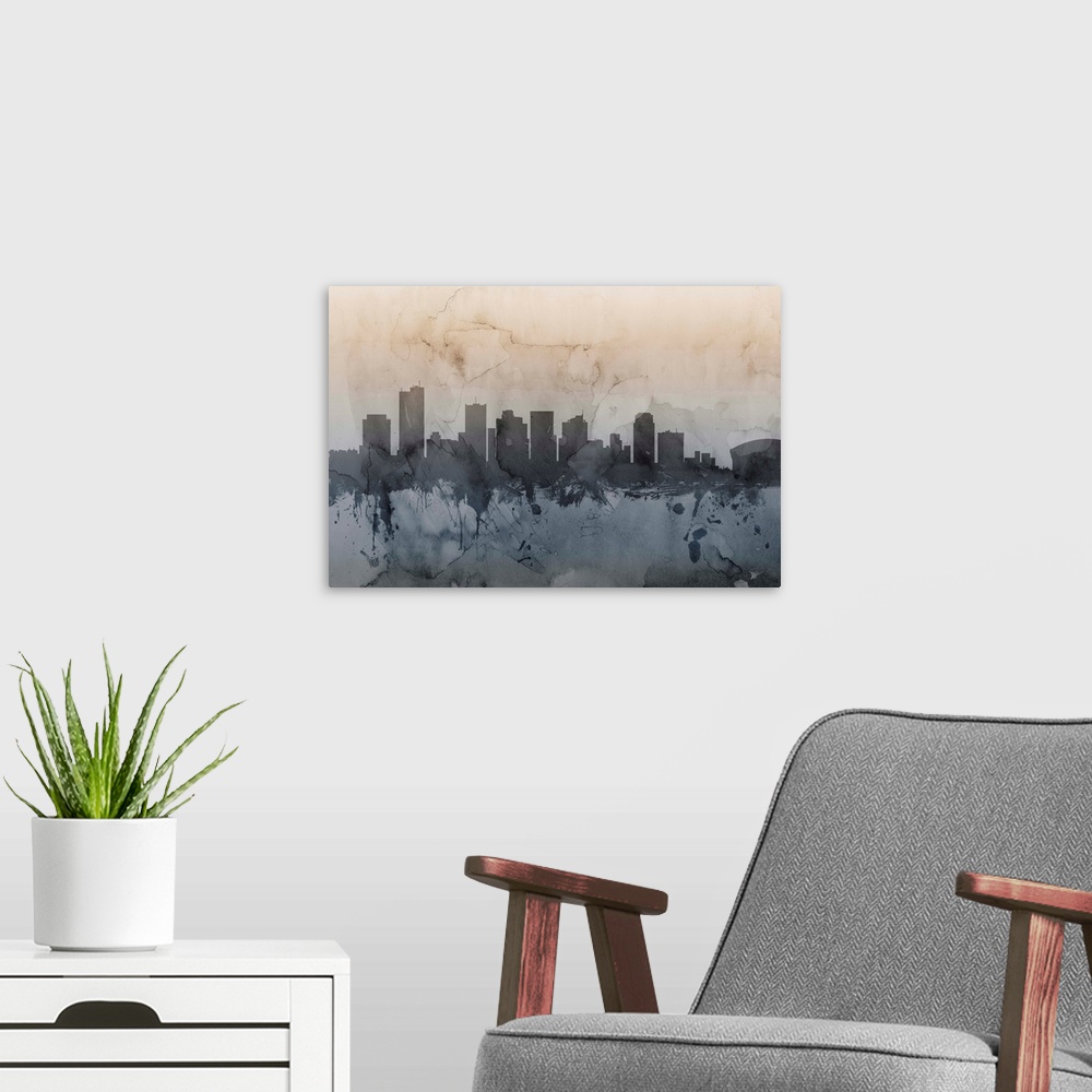 A modern room featuring Watercolor art print of the skyline of Phoenix, Arizona, United States