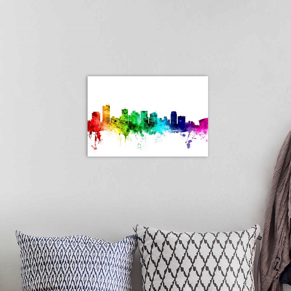 A bohemian room featuring Watercolor art print of the skyline of Phoenix, Arizona, United States.