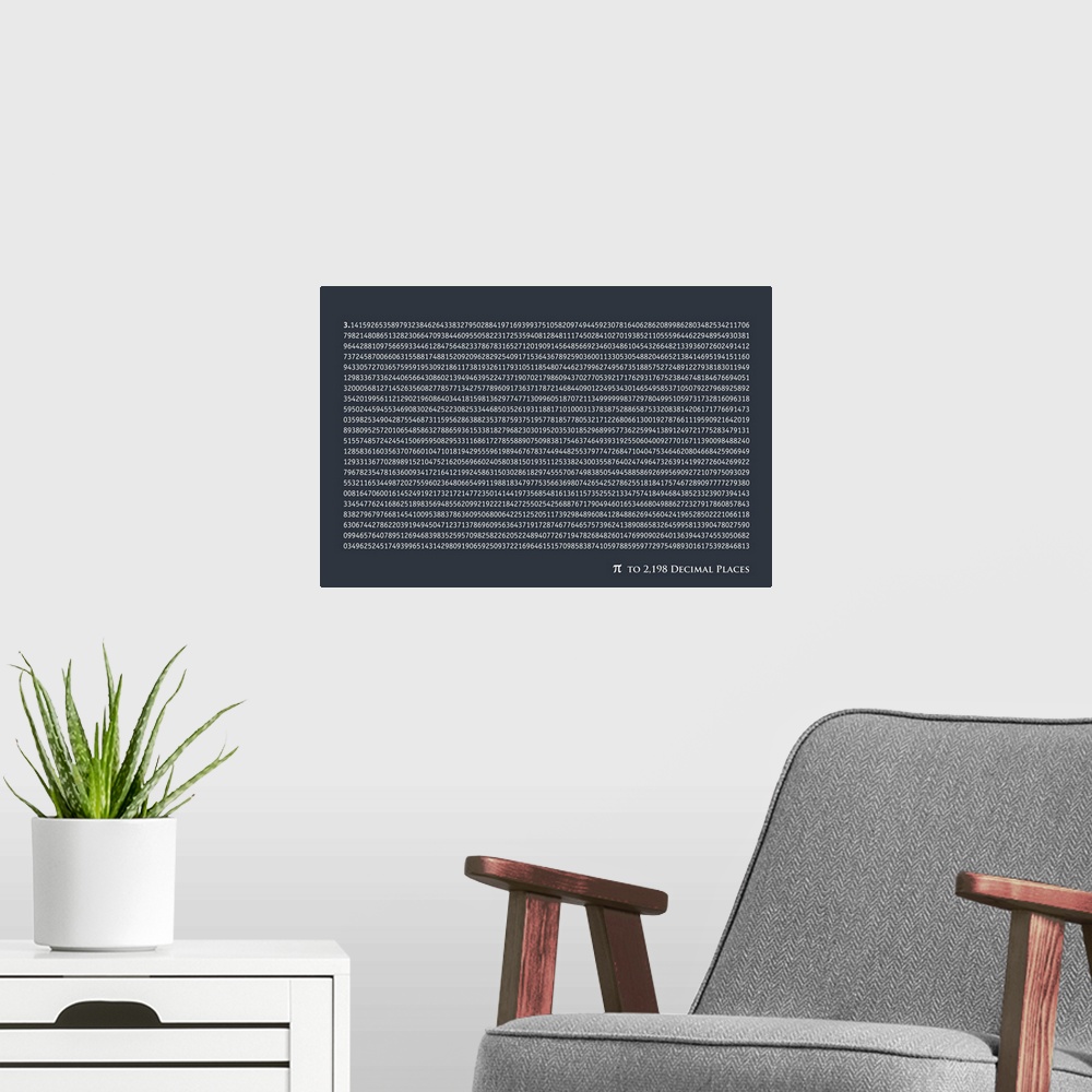 A modern room featuring Large print of Pi written out 2198 decimals in the middle of a dark background.