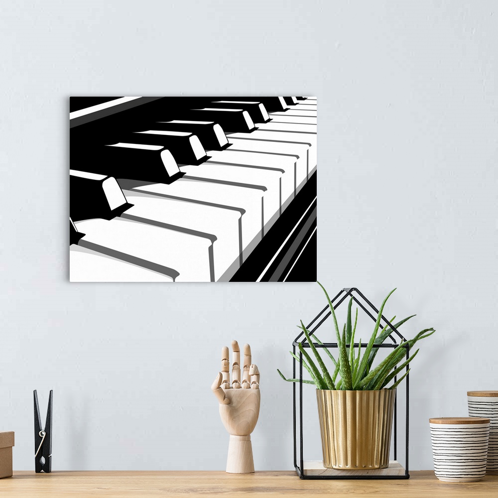 A bohemian room featuring Up-close contemporary painting of white and black keys on a piano.