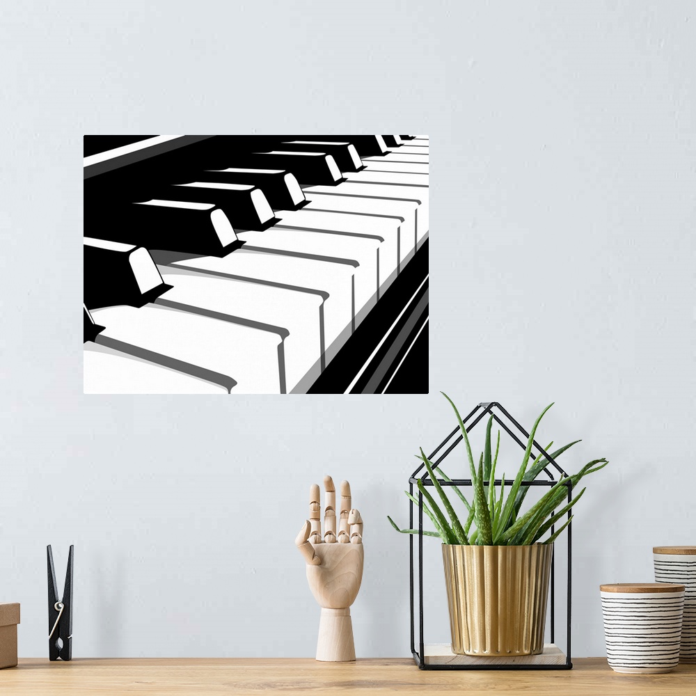 A bohemian room featuring Up-close contemporary painting of white and black keys on a piano.