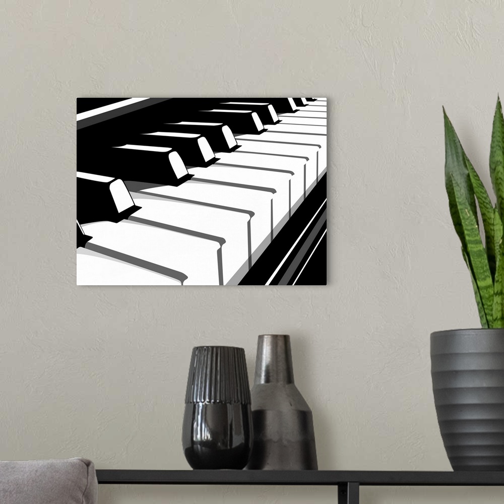 A modern room featuring Up-close contemporary painting of white and black keys on a piano.