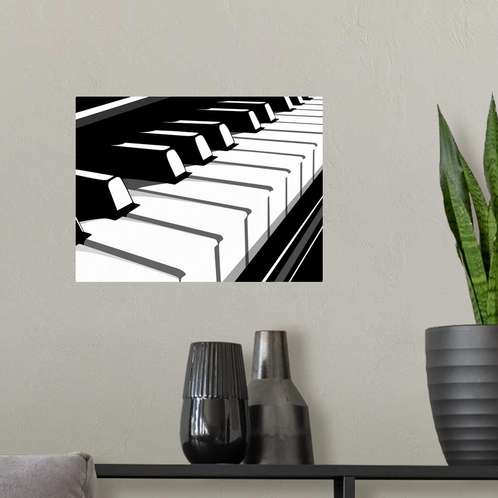 A modern room featuring Up-close contemporary painting of white and black keys on a piano.
