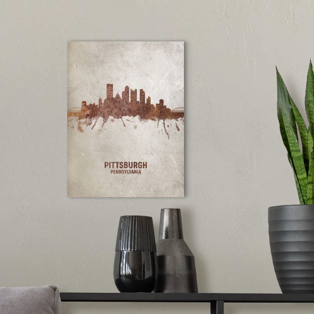 A modern room featuring Art print of the skyline of Pittsburgh, Pennsylvania, United States. Rust on concrete.