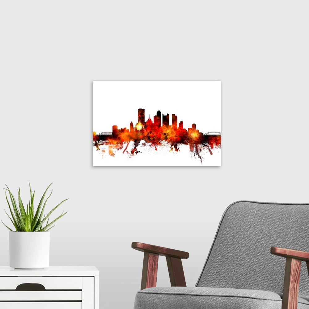 A modern room featuring Contemporary piece of artwork of the Pittsburgh skyline made of colorful paint splashes.