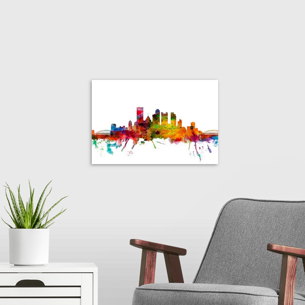 A modern room featuring Watercolor artwork of the Pittsburgh skyline against a white background.
