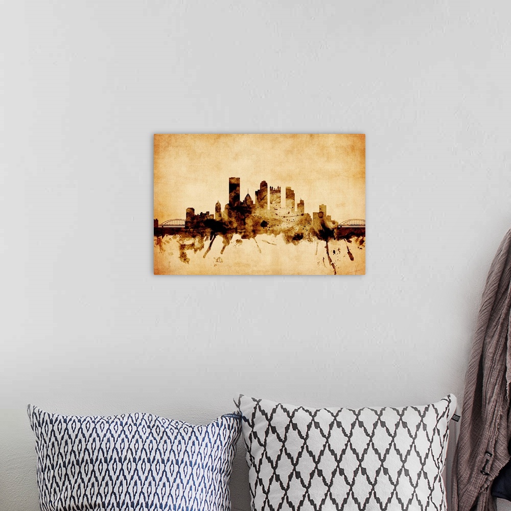 A bohemian room featuring Contemporary artwork of the Pittsburgh city skyline in a vintage distressed look.
