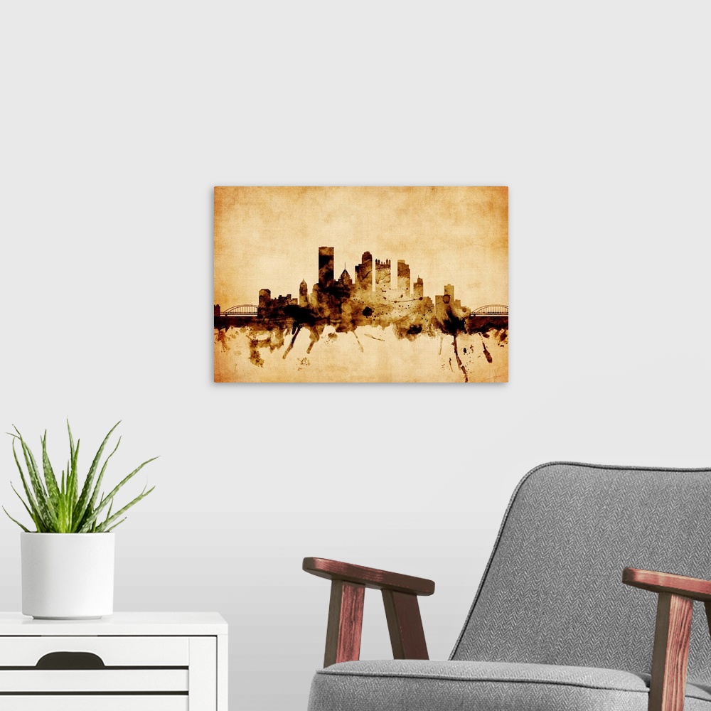 A modern room featuring Contemporary artwork of the Pittsburgh city skyline in a vintage distressed look.