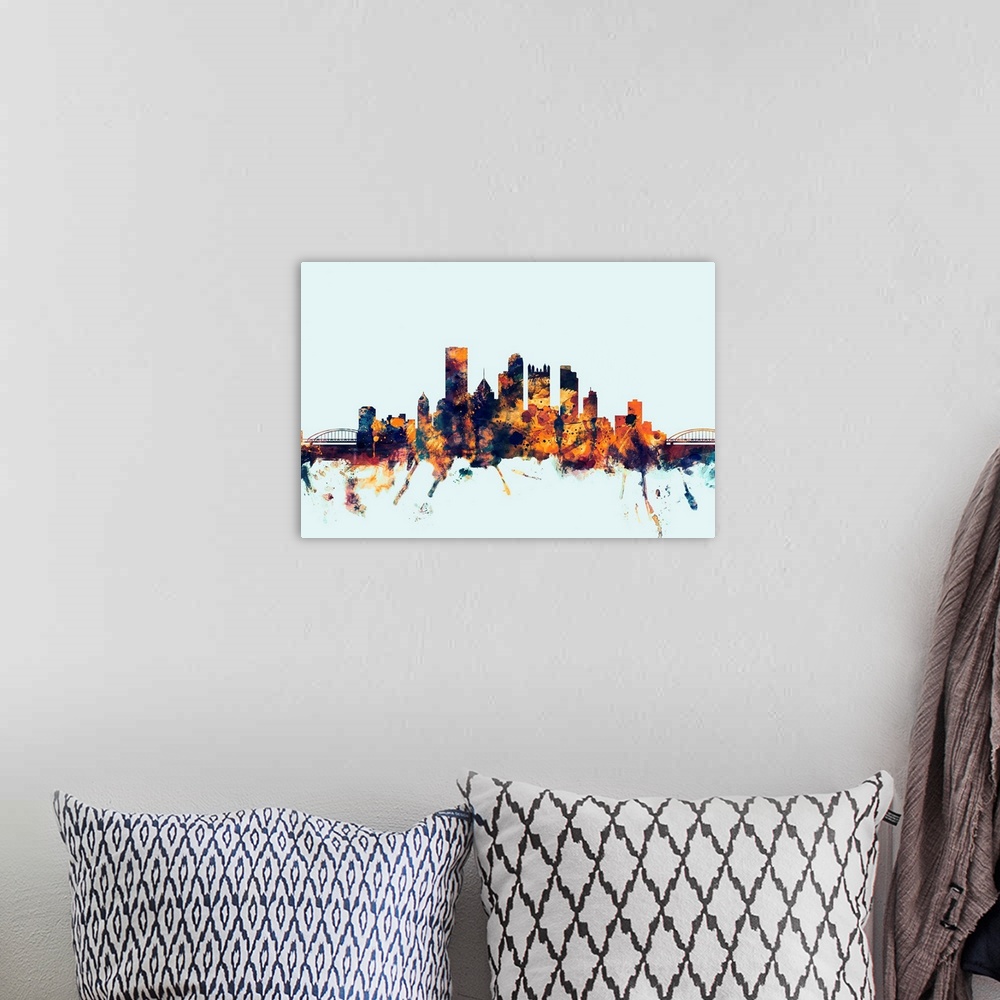 A bohemian room featuring Dark watercolor silhouette of the Pittsburgh city skyline against a light blue background.