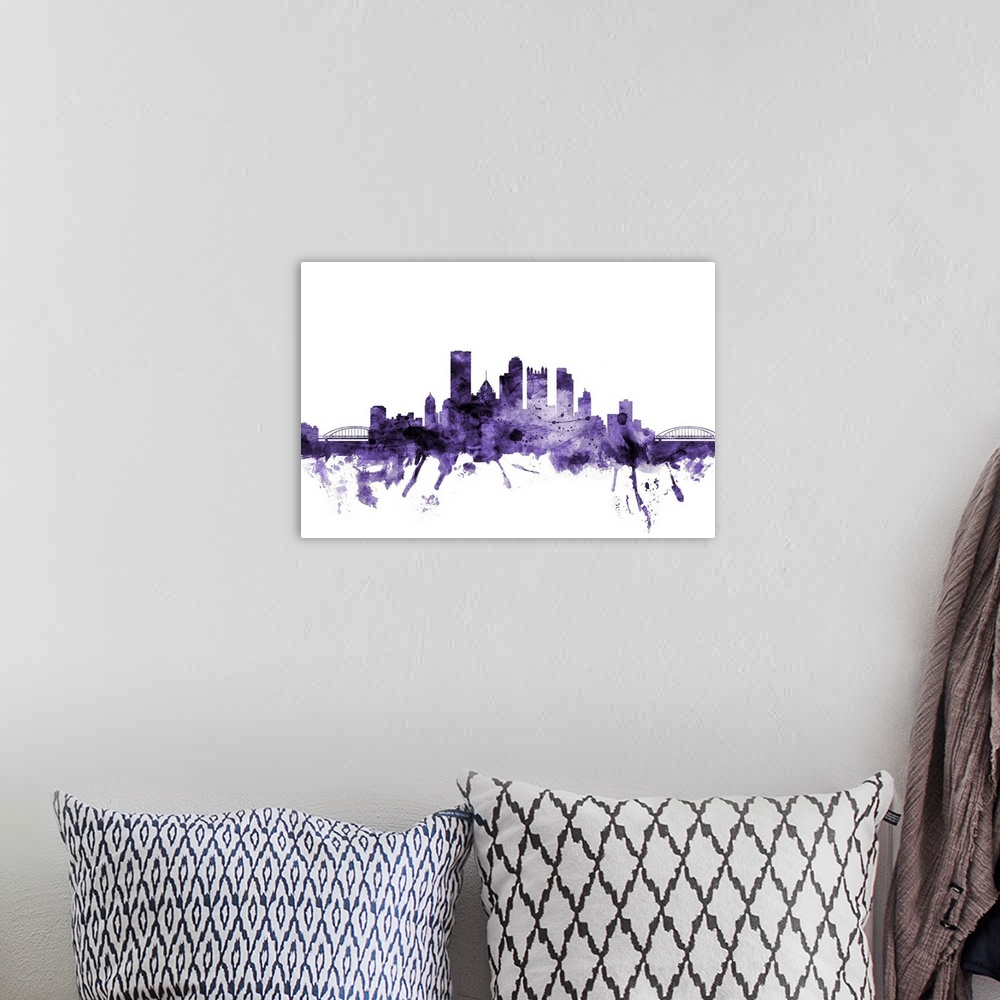 A bohemian room featuring Watercolor art print of the skyline of Pittsburgh, Pennsylvania, United States