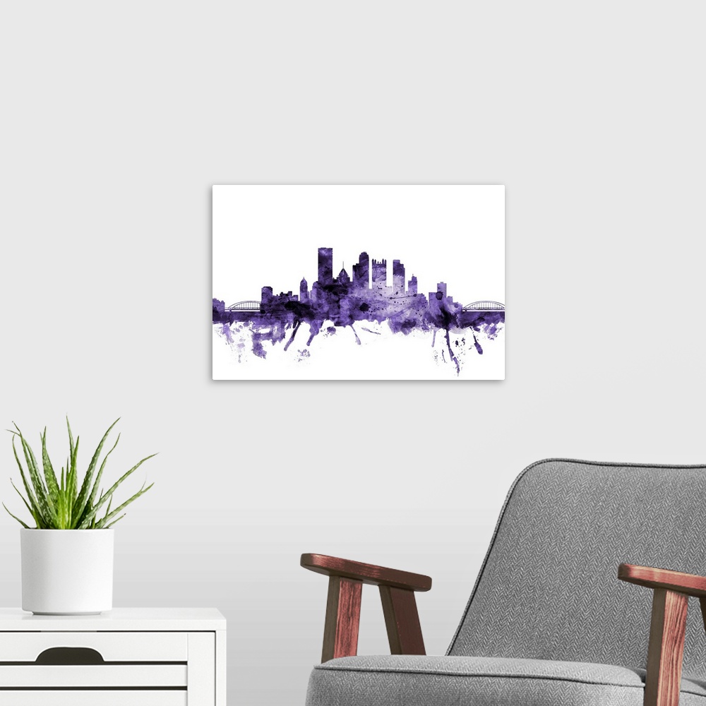 A modern room featuring Watercolor art print of the skyline of Pittsburgh, Pennsylvania, United States