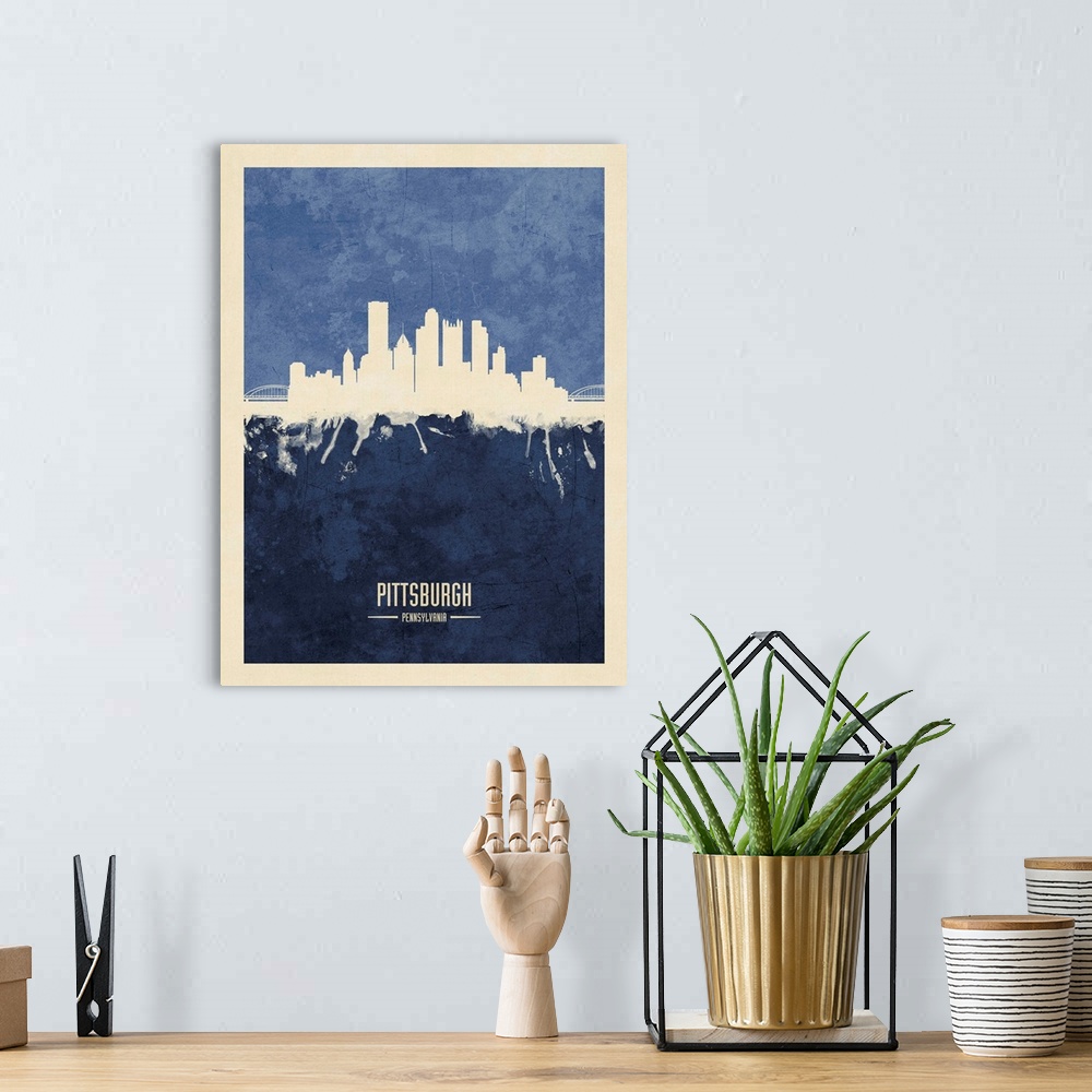 A bohemian room featuring Watercolor art print of the skyline of Pittsburgh, Pennsylvania, United States