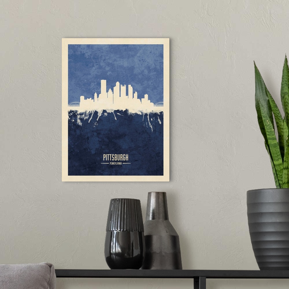 A modern room featuring Watercolor art print of the skyline of Pittsburgh, Pennsylvania, United States
