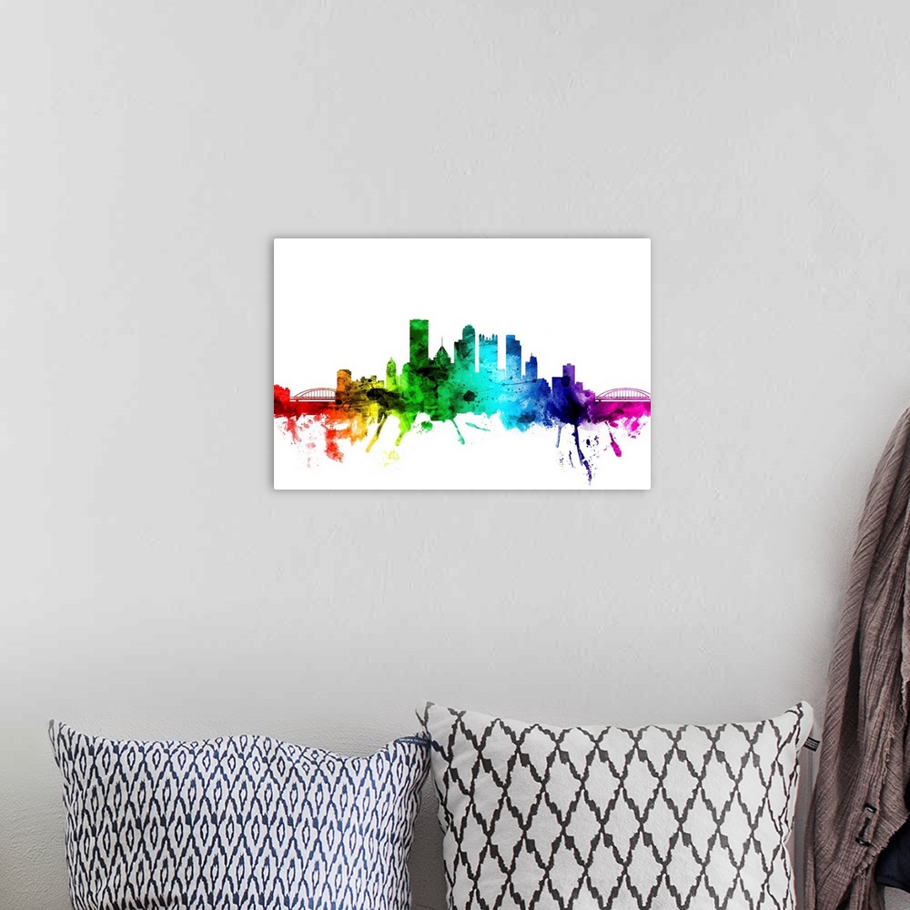 A bohemian room featuring Watercolor art print of the skyline of Pittsburgh, Pennsylvania, United States.
