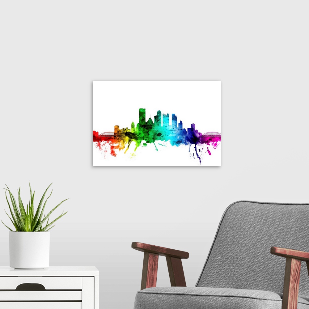 A modern room featuring Watercolor art print of the skyline of Pittsburgh, Pennsylvania, United States.