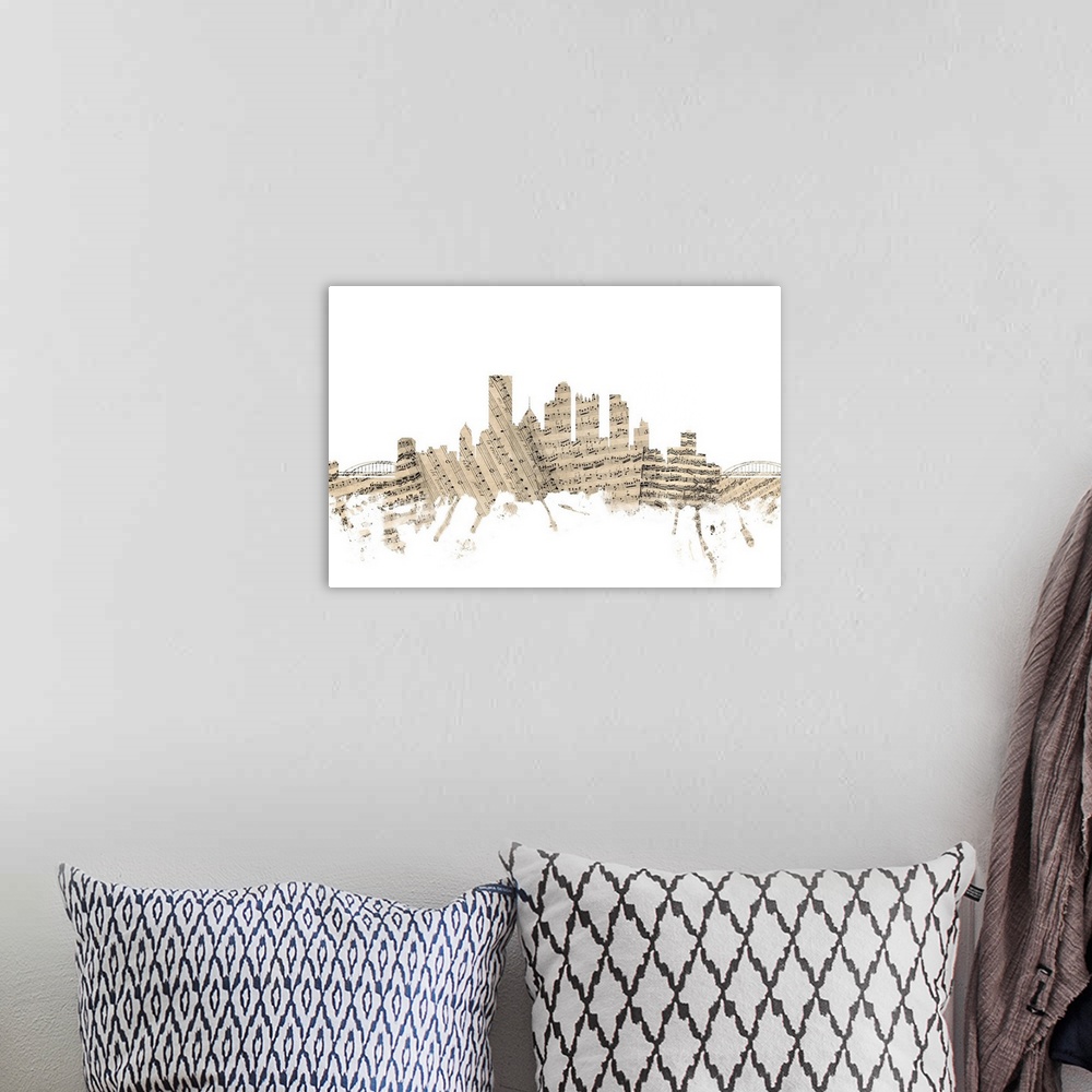 A bohemian room featuring Pittsburgh skyline made of sheet music against a white background.
