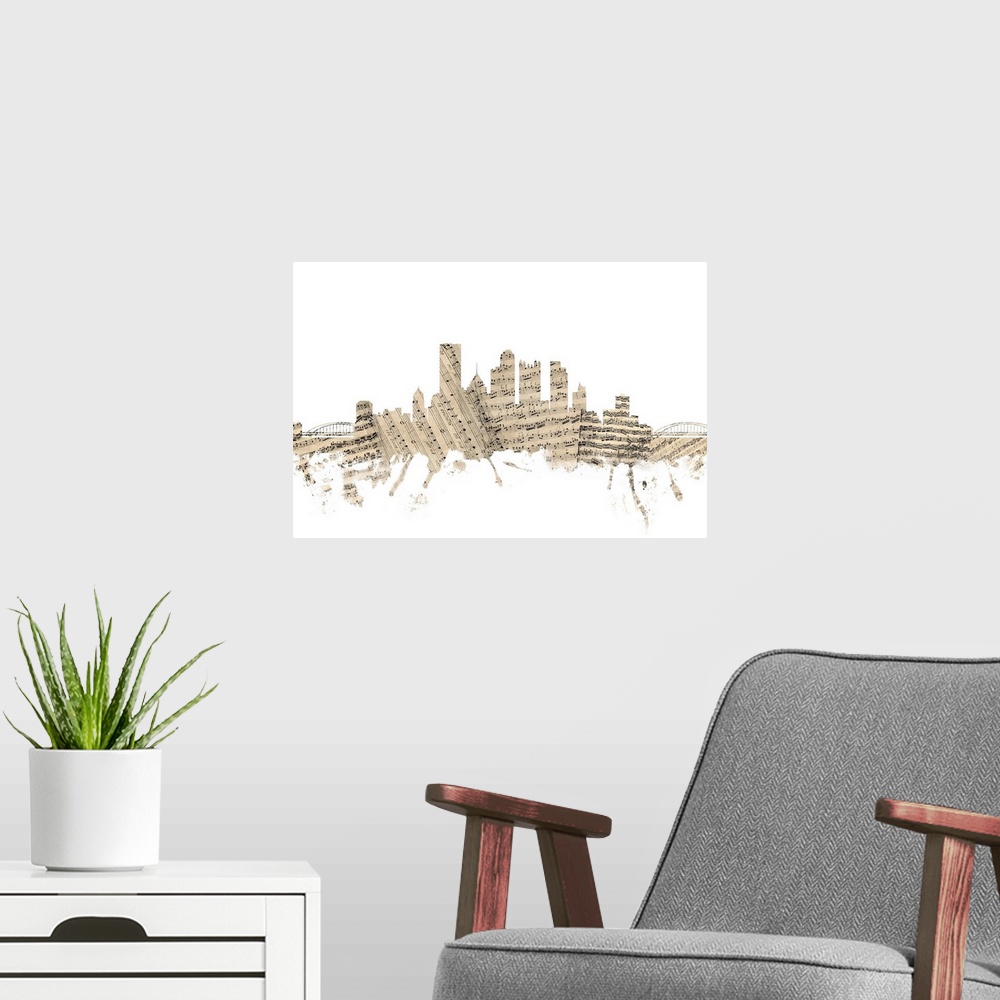 A modern room featuring Pittsburgh skyline made of sheet music against a white background.