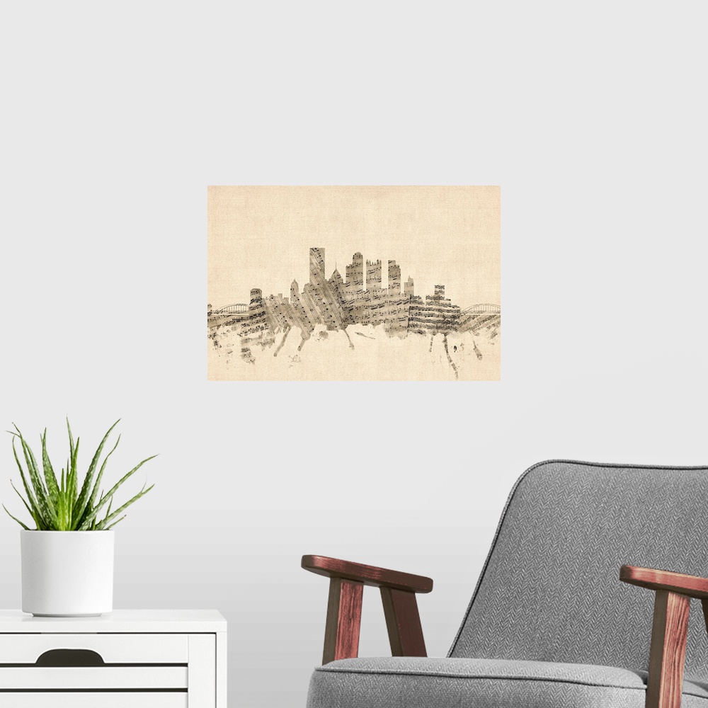 A modern room featuring Pittsburgh skyline made of sheet music against a weathered beige background.