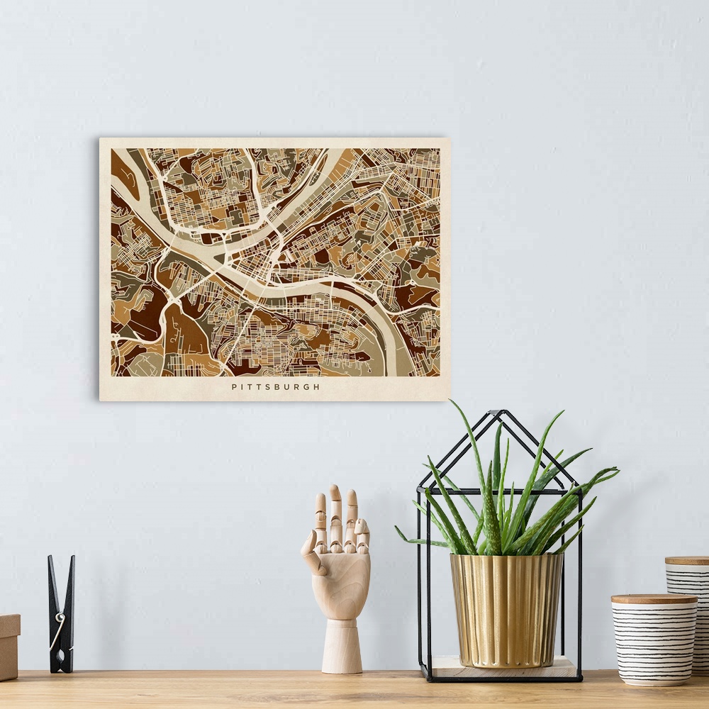 A bohemian room featuring Art map of Pittsburgh city streets.