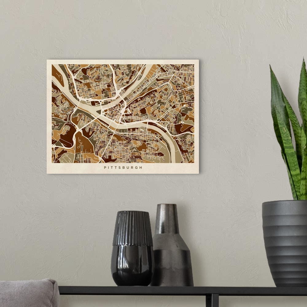 A modern room featuring Art map of Pittsburgh city streets.