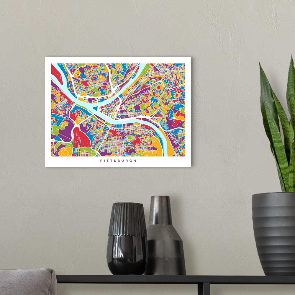 A modern room featuring Watercolor art map of Pittsburgh city streets.
