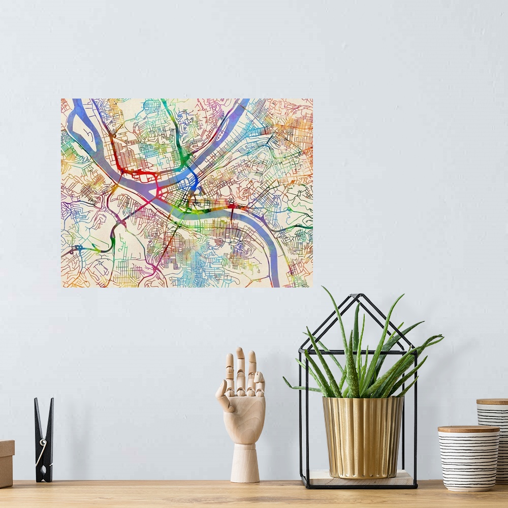 A bohemian room featuring Contemporary colorful city street map of Pittsburgh.