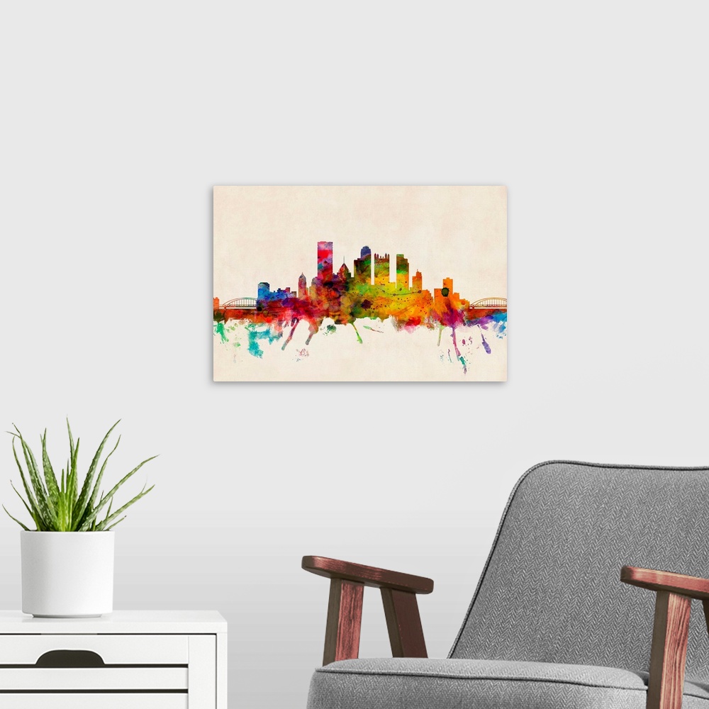 A modern room featuring Pittsburgh Skyline