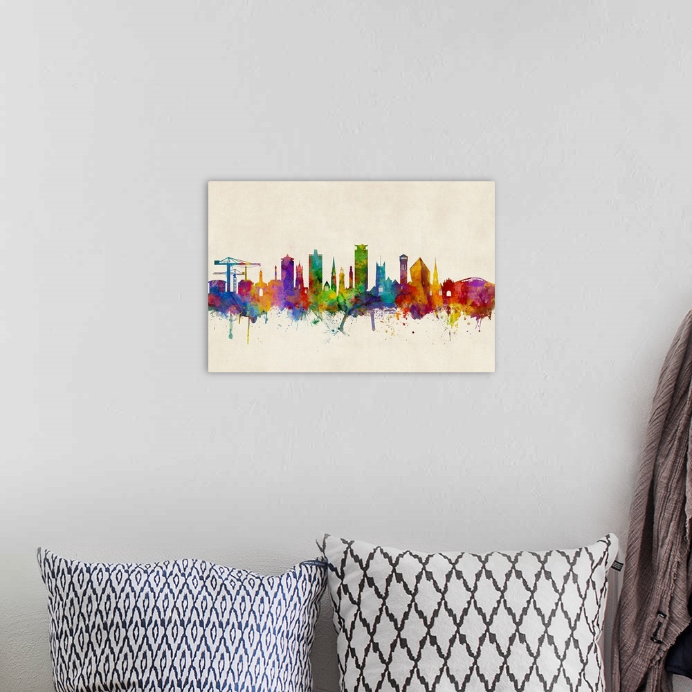 A bohemian room featuring Watercolor art print of the skyline of Plymouth, England, United Kingdom