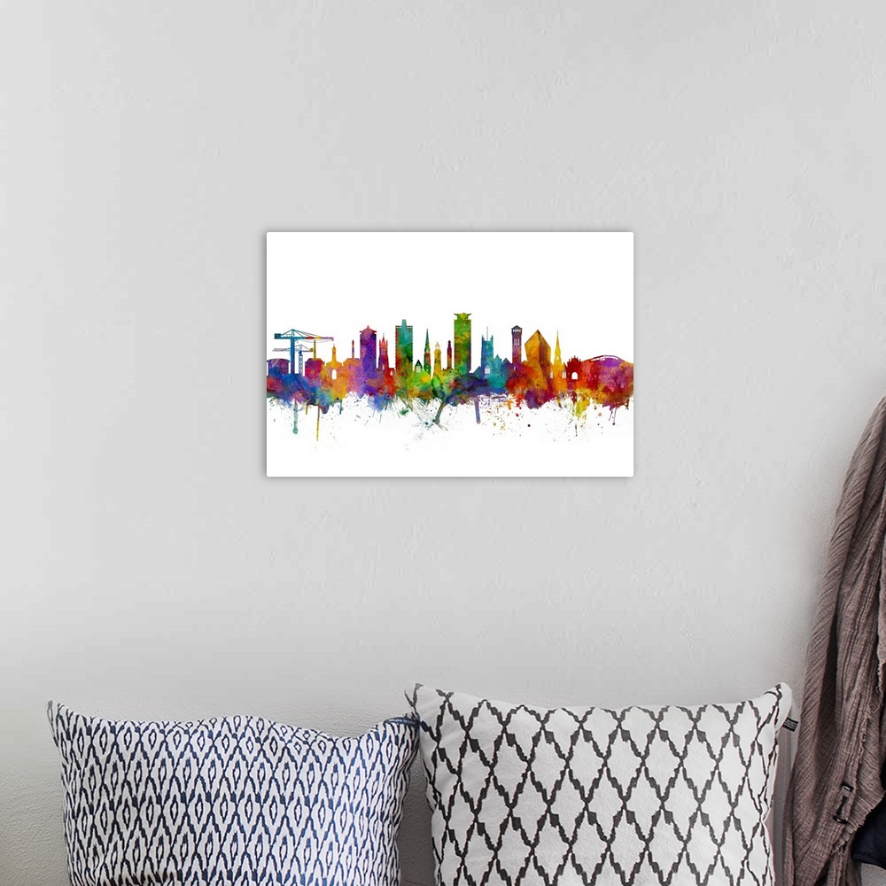 A bohemian room featuring Watercolor art print of the skyline of Plymouth, England, United Kingdom