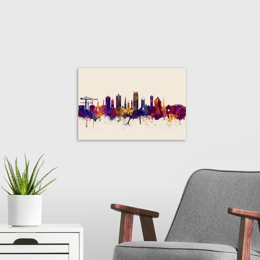 A modern room featuring Watercolor art print of the skyline of Plymouth, England, United Kingdom