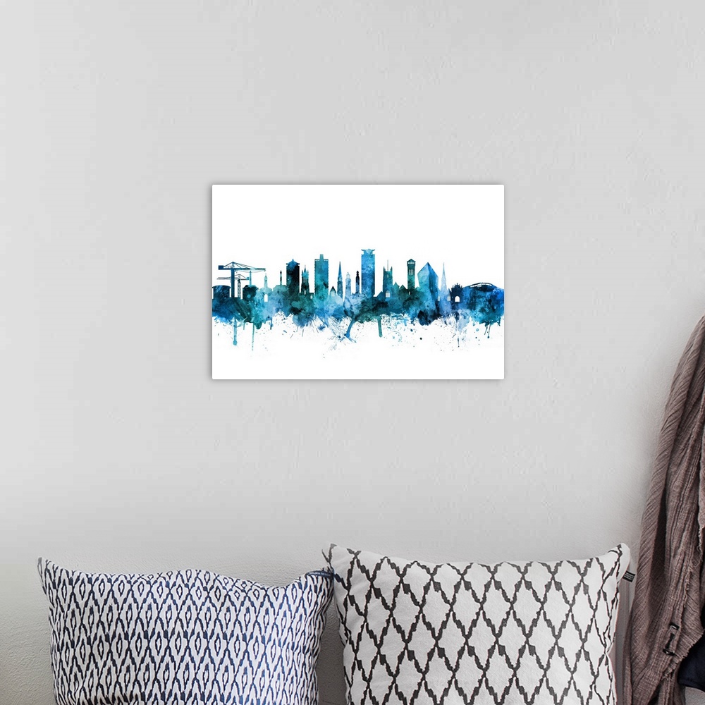 A bohemian room featuring Watercolor art print of the skyline of Plymouth, England, United Kingdom.